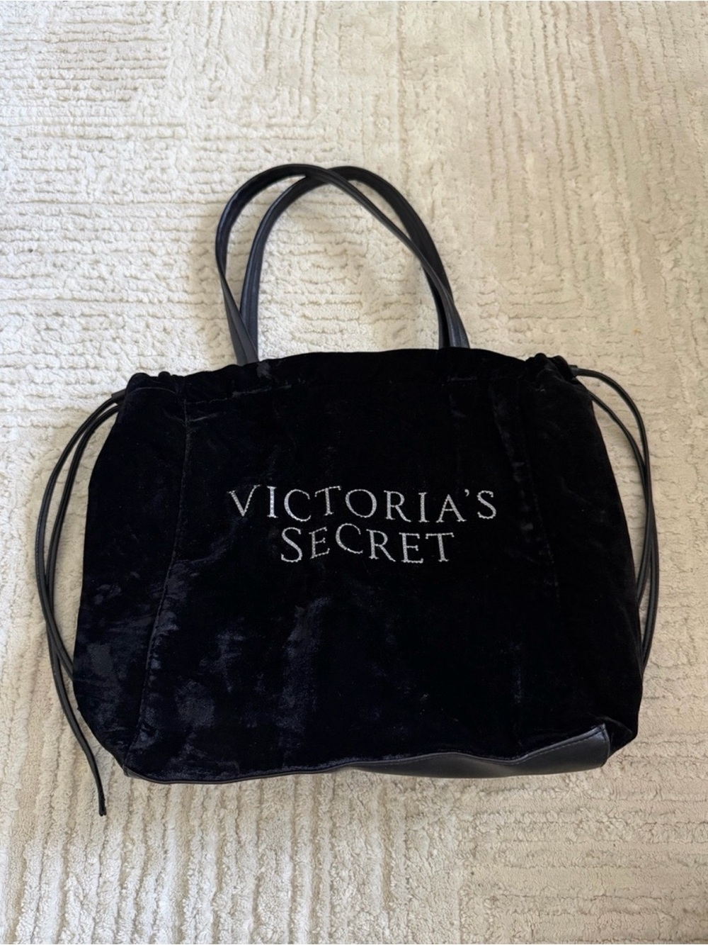 Victoria’s Secret Black Velvet Drawstring Tote Bag Silver Logo Y2K